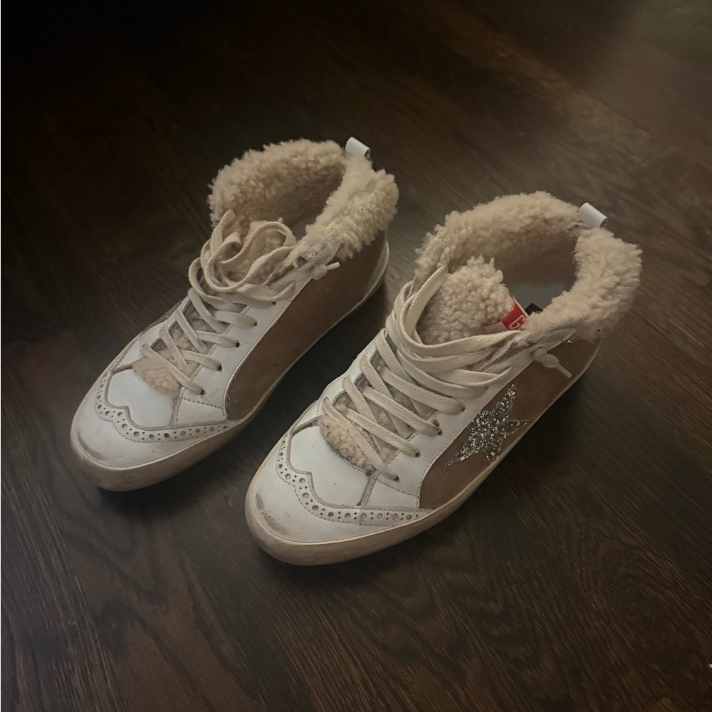 Golden Goose Shearling Beige and White Sneakers